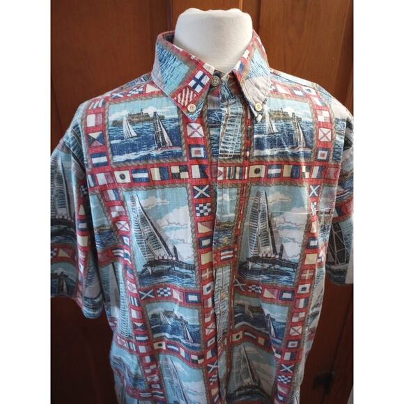 Reyn Spooner men's Hawaiian Shirt Vtg M Sailboat Button Up Short Sleeve Reverse - Picture 2 of 7